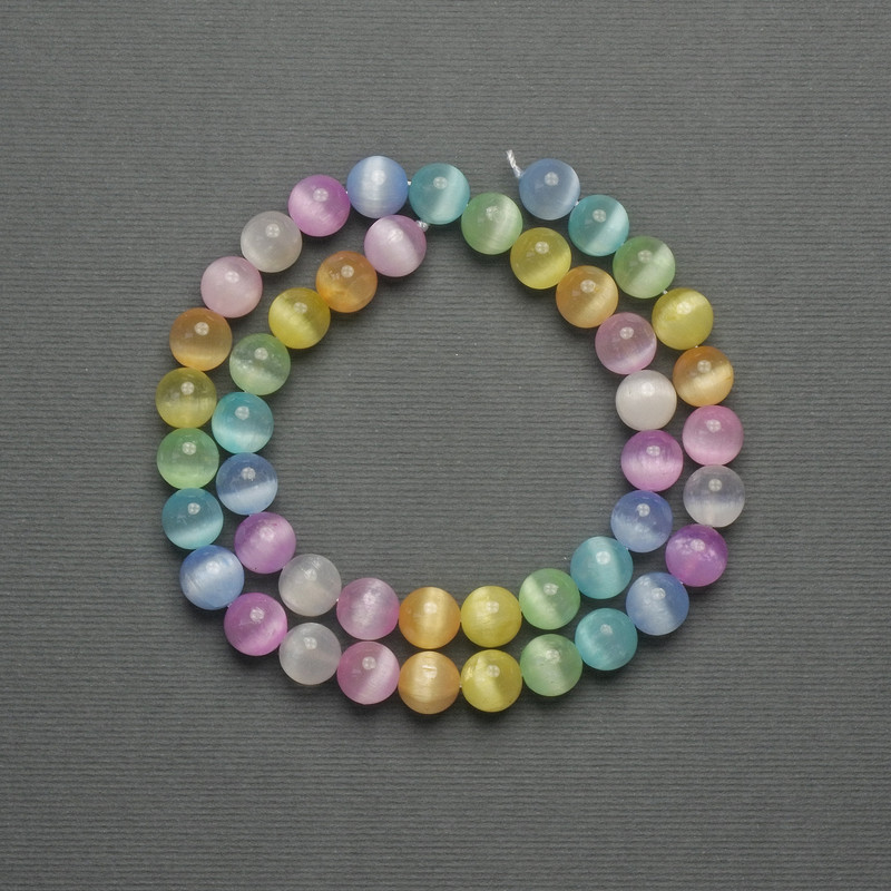Cat's Eye Beads, Multicolored, Synthetic Stone, Smooth Round Beads, Diameter 8.5 mm, on Thread, Length 39 cm