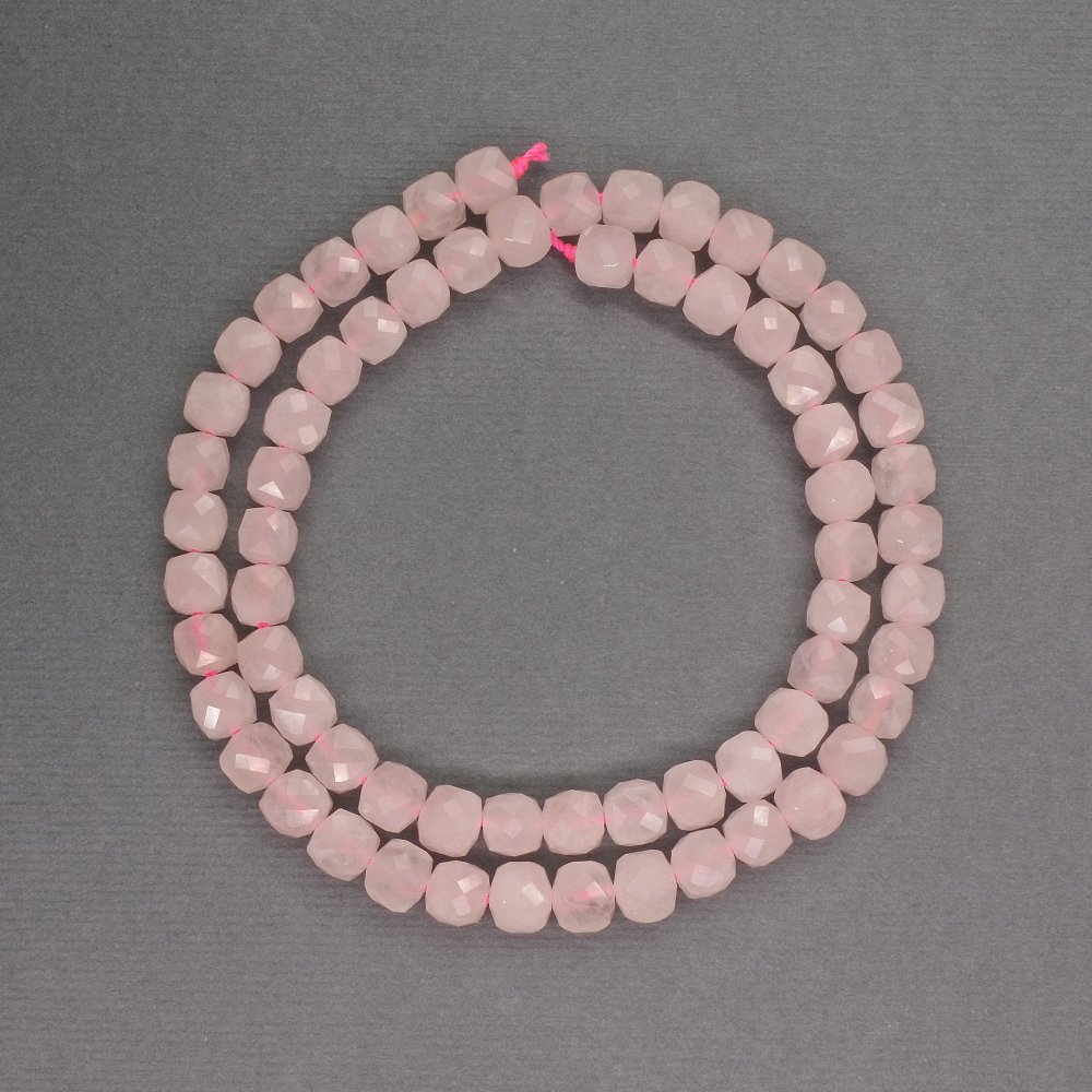 Natural stone beads Pink quartz faceted cubes, 6mm diameter ±, length 36cm ±