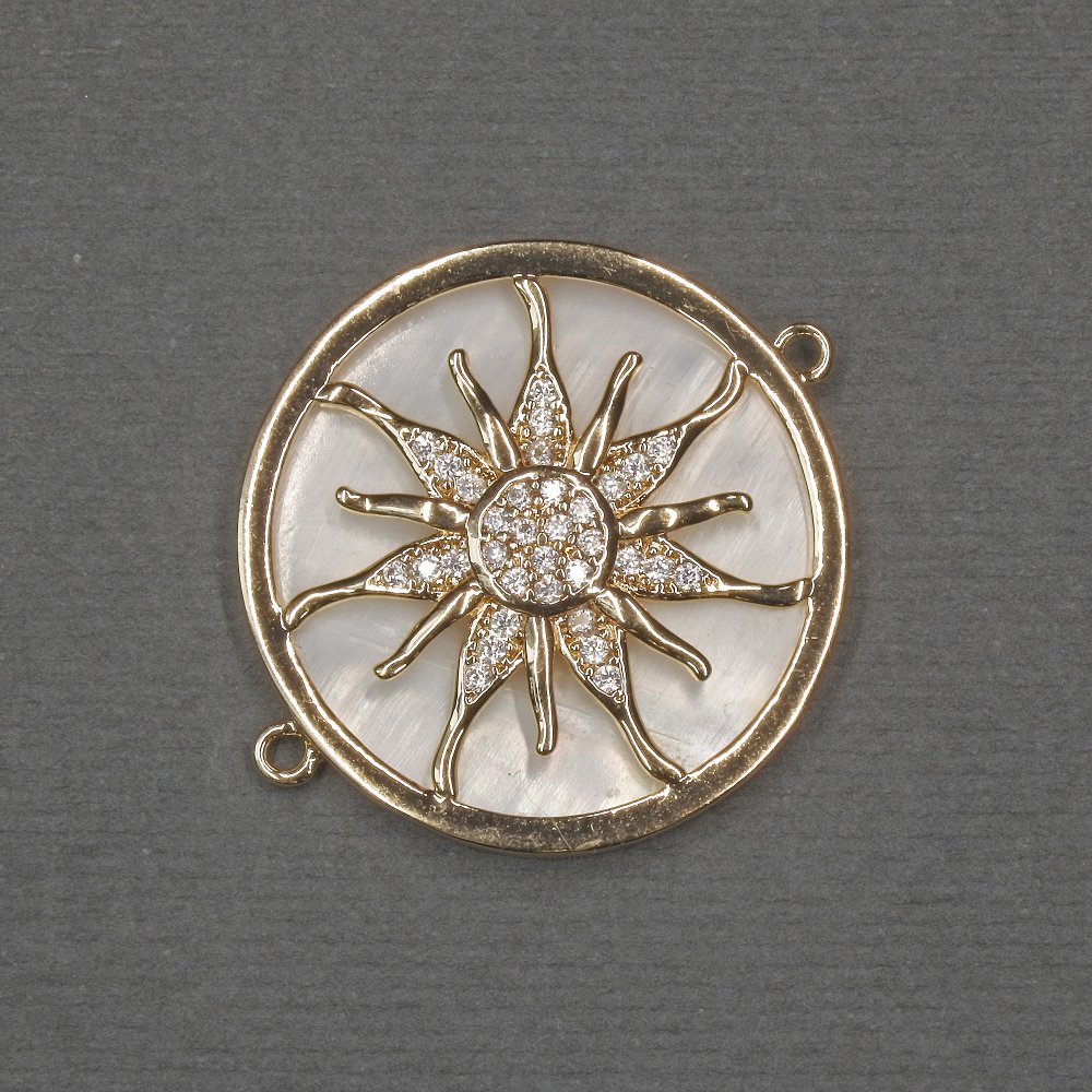 Connector 'Sun' with natural mother-of-pearl 25x30x3 mm ± golden-toned metal