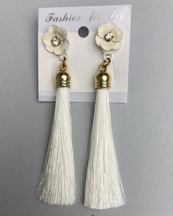 Tassel Earrings 'Viennese Waltz' White, 9 cm long