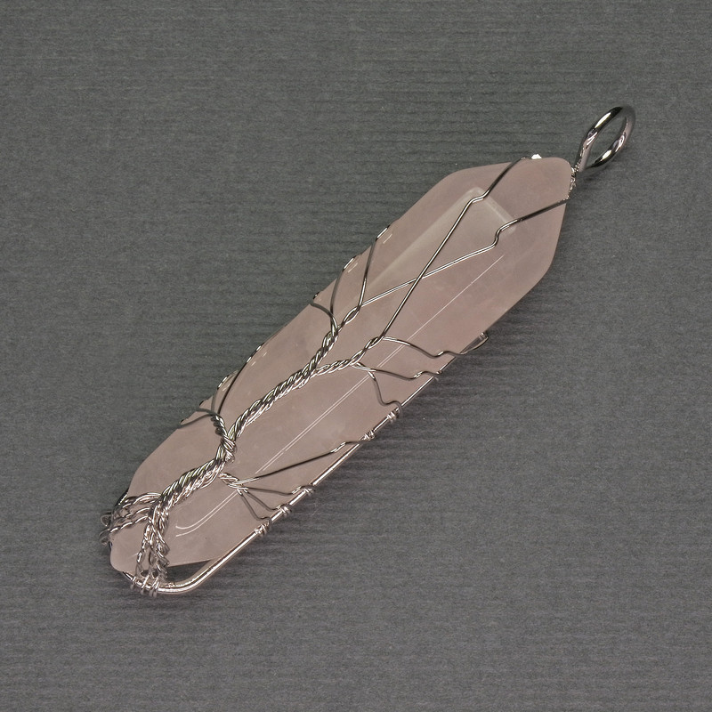 Pendant Pink Quartz Hexagonal Crystal 12x50x57 mm ± in a Silver-Plated Setting