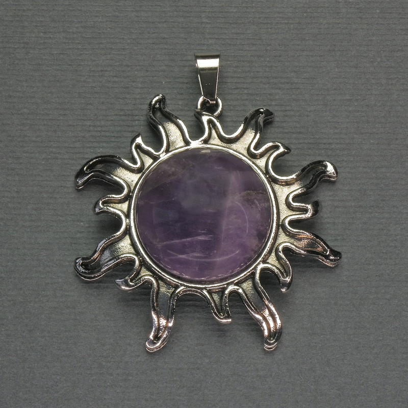 Sun Amethyst Pendant, 42mm, 48mm long, silver metal
