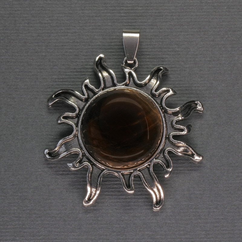 Sun Tiger's Eye Pendant, 42 mm diameter ±, 48 mm length ±, silver-toned metal