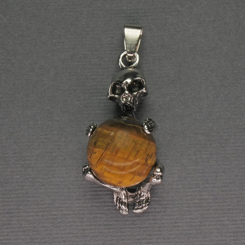 Skeleton Pendant Tiger's Eye Bead, diameter 16 mm ± 20×50 mm+