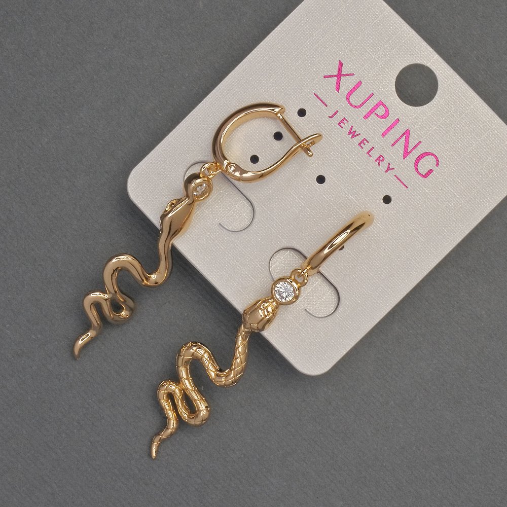 Earrings Xuping Snake with White Crystals, 11mm Diameter, 54mm Length, 18K Gold Plating