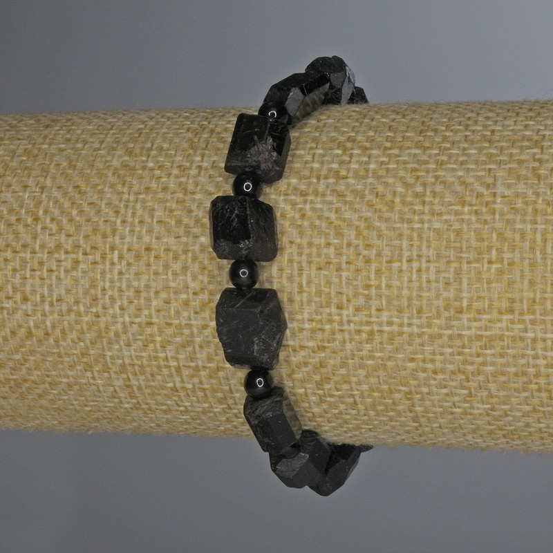 Sherl Tourmaline Bracelet, Unpolished Faceted Stones, 12x8 mm, 4 mm Beads, 18 cm Length, Stretch