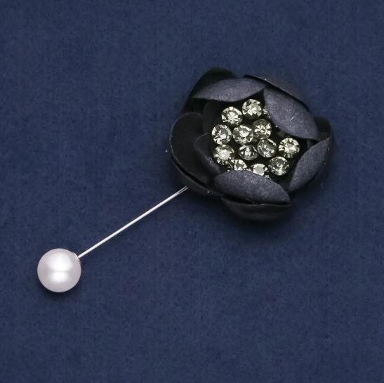 Brooch-pin with a fabric flower 'Peony' with rhinestones, diameter 4 cm, length 9 cm