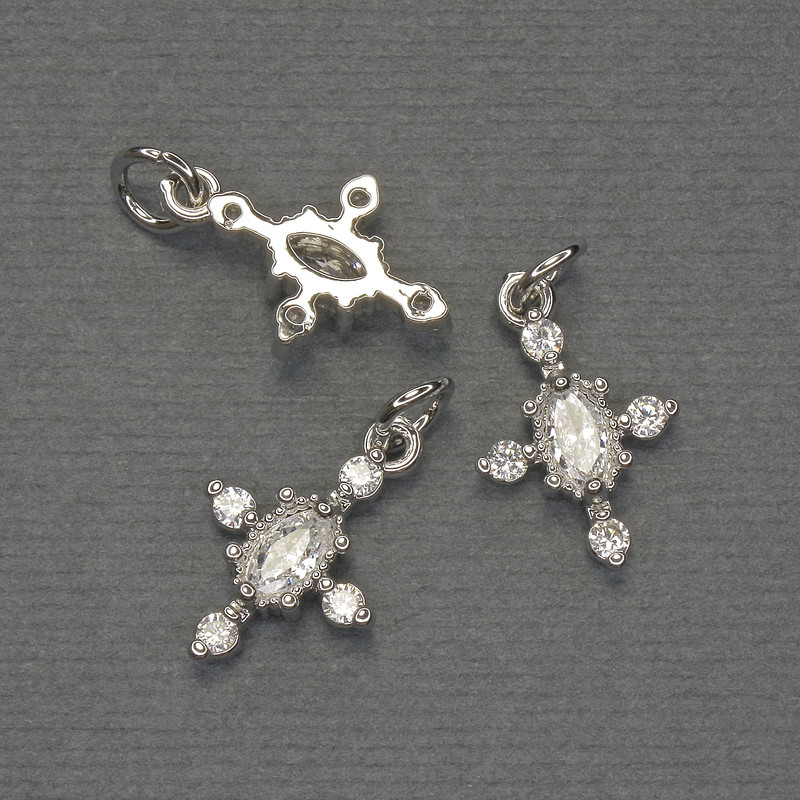 Pendant 'Cross' with white crystals, silver-colored metal, diameter 16×10 mm, length ~20 mm