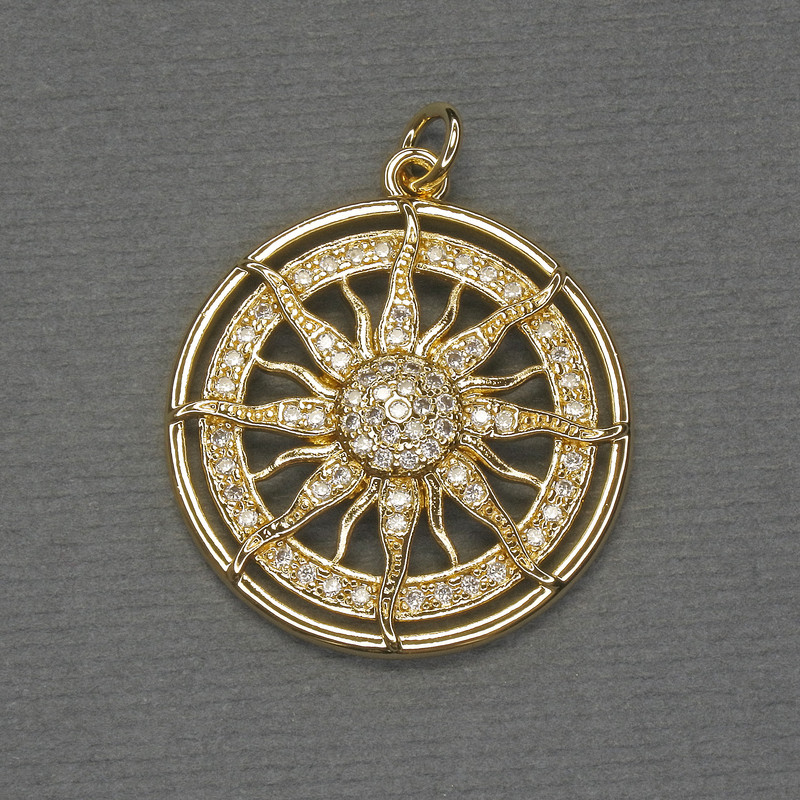 Wind Rose Pendant with White Crystals in Gold-tone Metal
