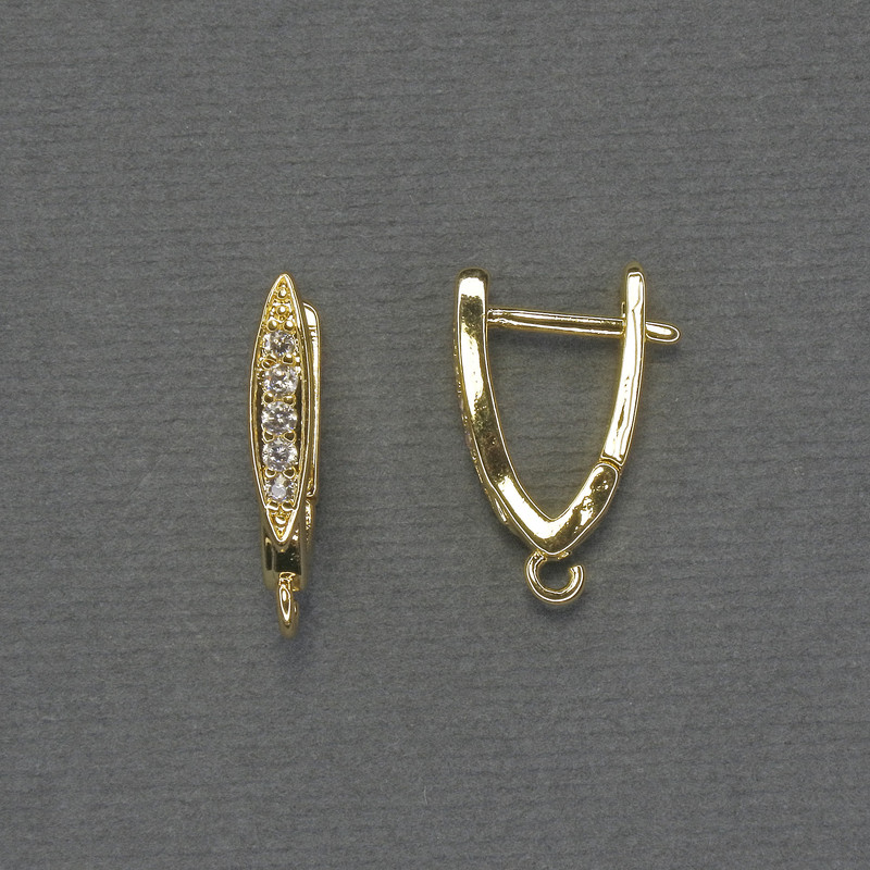 Gold-tone ear wires for earrings with white rhinestones, 19×3.5 mm — pair