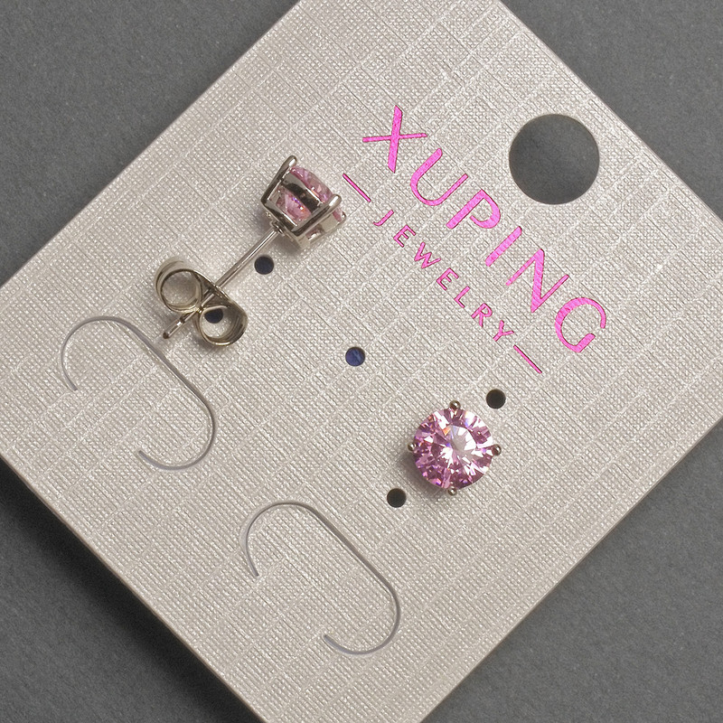 Xuping Stud Earrings with Pink Crystal, 6 mm Diameter, Rhodium-Plated