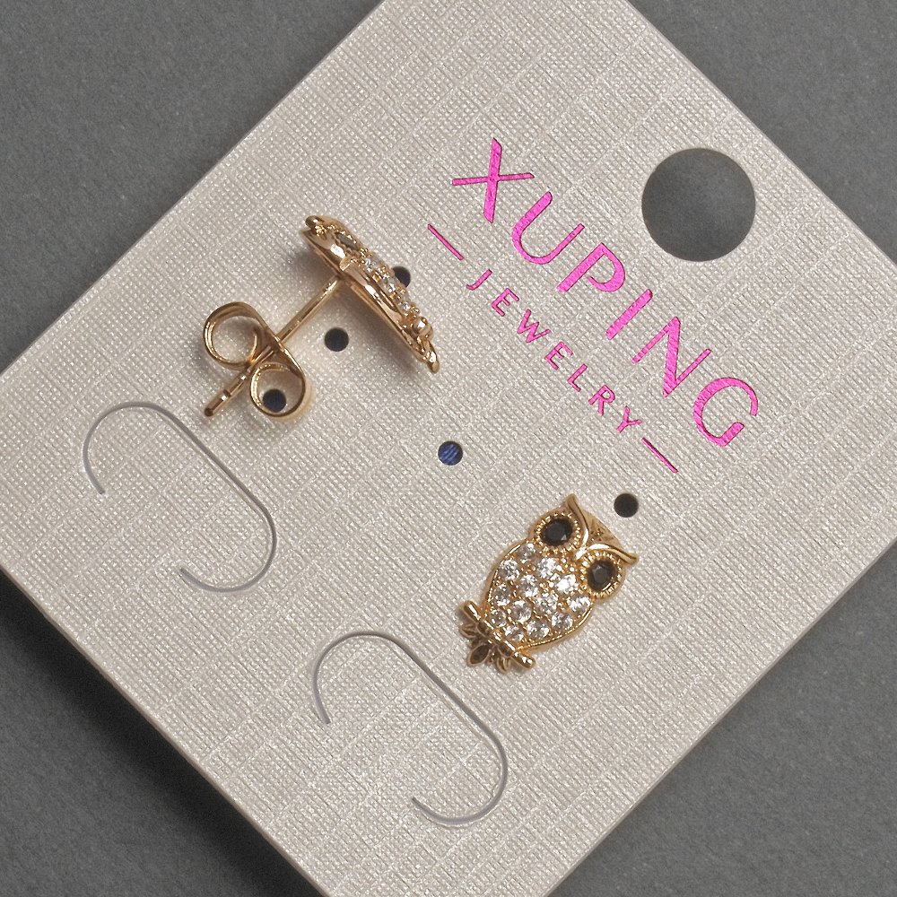 Xuping Owl Stud Earrings with White and Black Crystals, diameter 7 mm, length 12 mm, 18K Gold Plating