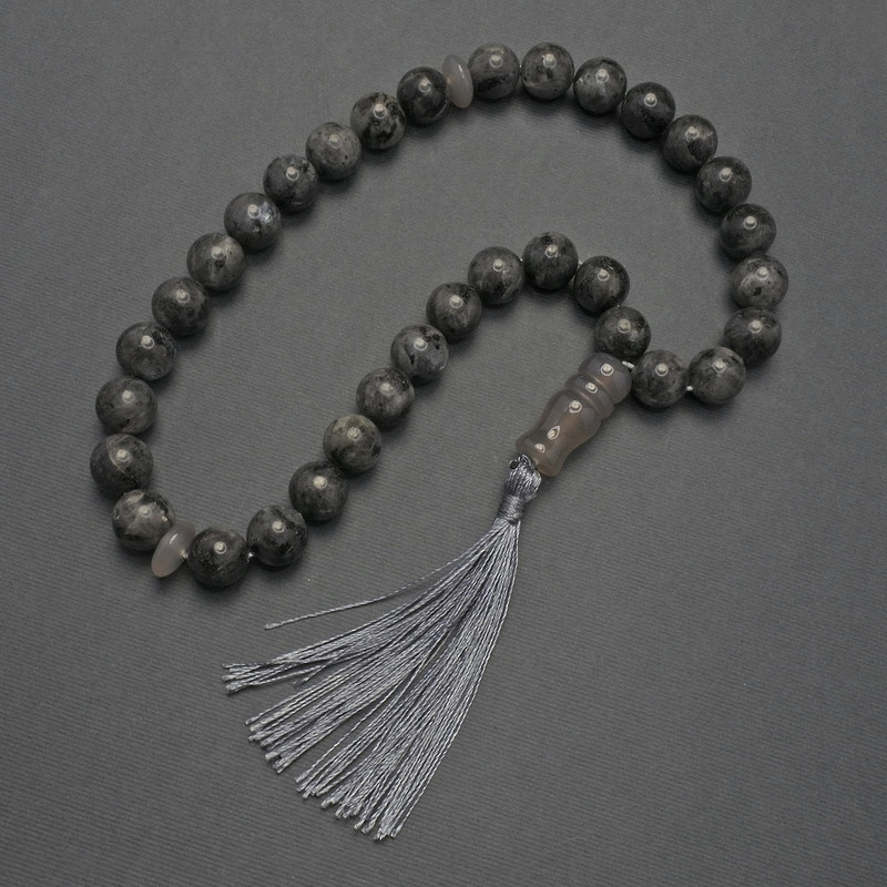 Larvikite prayer beads smooth 12 mm bead + rondelle 15×5 mm + centerpiece bead 28×11 mm+