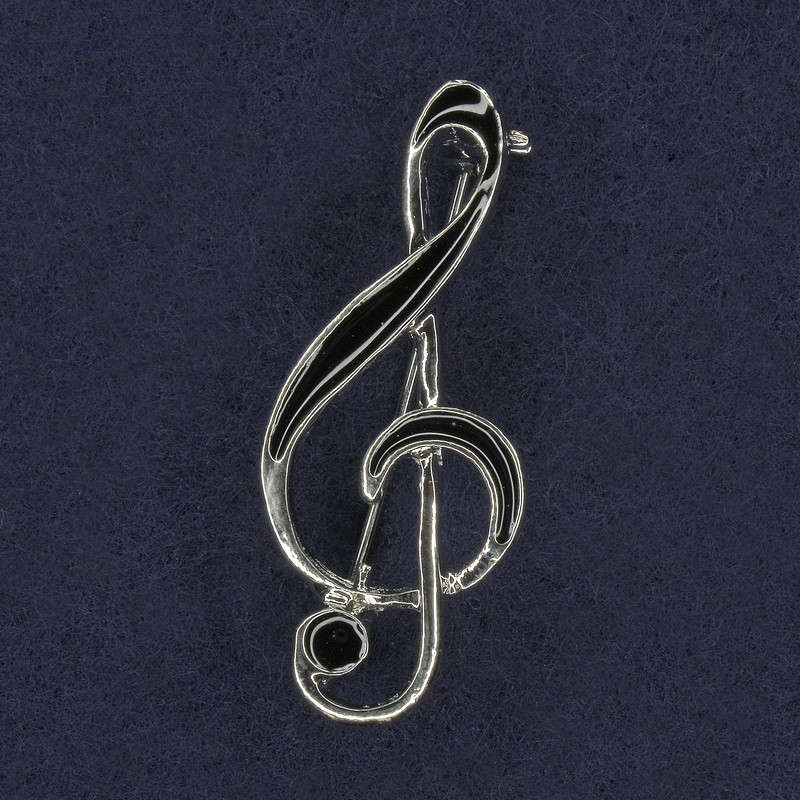 Brooch Treble Clef with Black Enamel Silver-Tone Metal 16x40 mm+