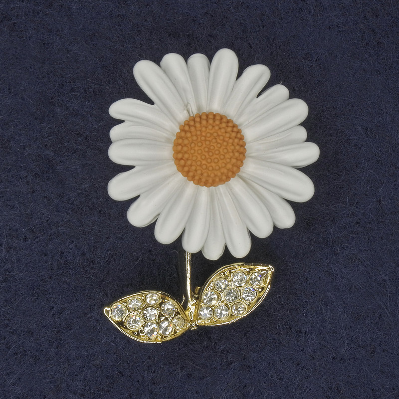 Brooch Daisy with white crystals, white and yellow enamel, golden metal 39x32mm+