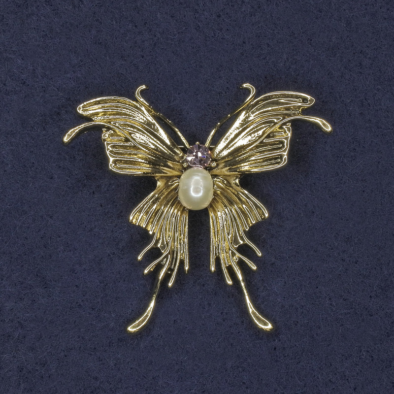 Butterfly Brooch with Pink Crystal and Pearl, Golden Metal, 40x44mm+