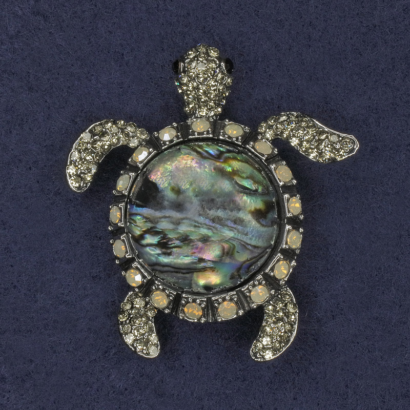 Turtle Howlite Brooch Pendant with Crystals, Silver Metal 45x50mm+