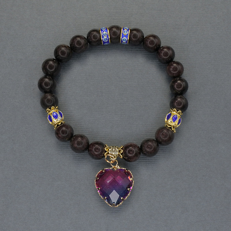 Garnet bracelet with smooth beads, 8 mm diameter; cloisonné and metal inserts with pendant, 18 cm stretch