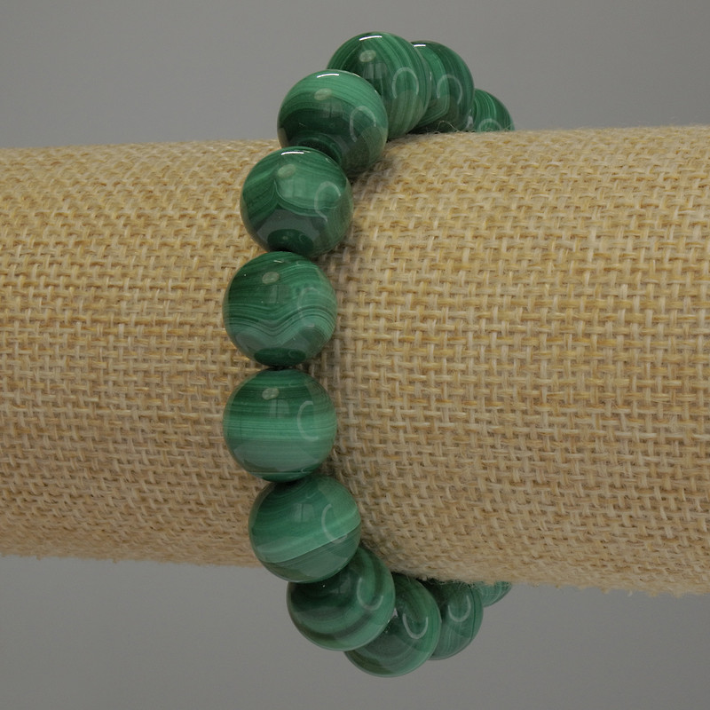 Bracelet made of natural Malachite, smooth beads, 12 mm diameter, 18 cm length, stretch