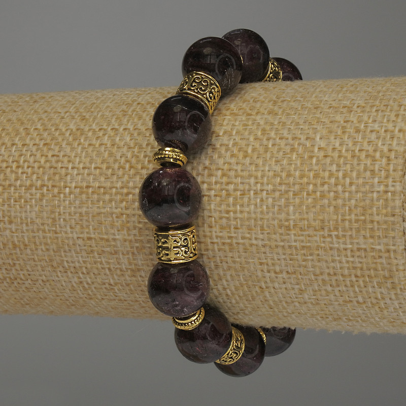 Garnet bracelet with smooth beads, 12 mm diameter ±, with metal inserts, 18 cm stretch