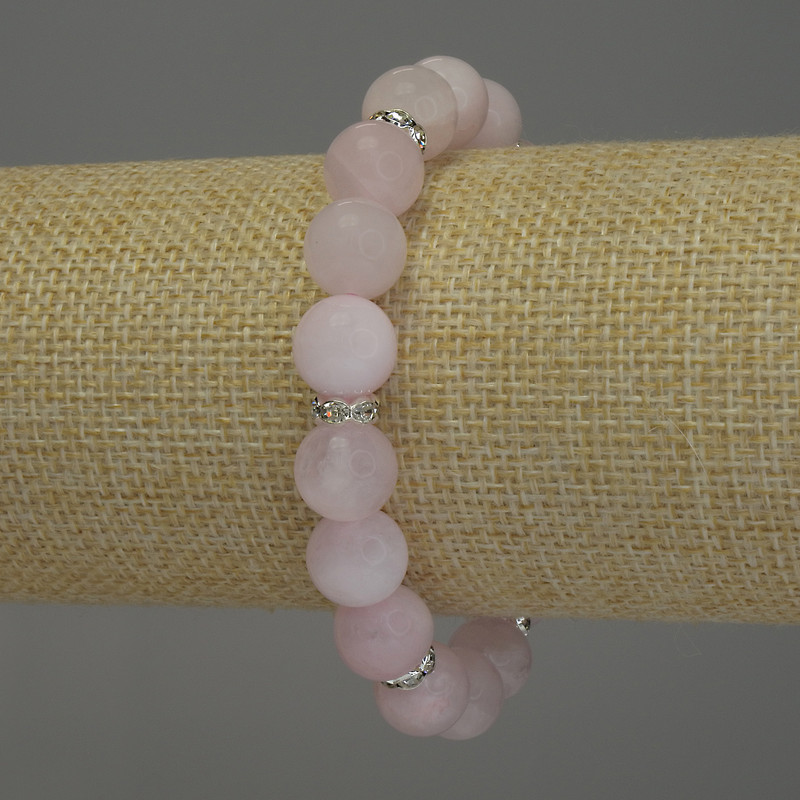 Pink Quartz Bracelet with Smooth Beads, 10mm Diameter, with Metal Accents, 18 cm Length, Stretch