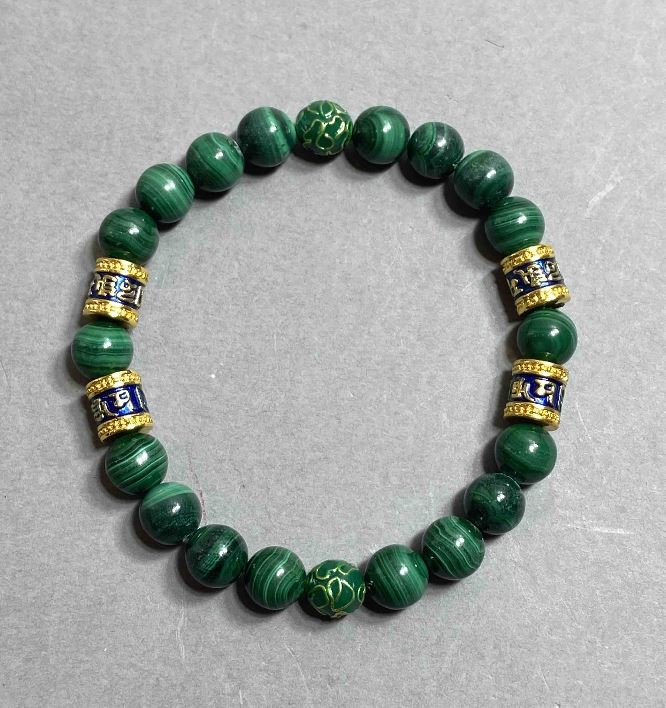 Bracelet Malachite Bead 8mm +- Cloisonné 8mm +- with metal inlays, length 18 cm +-stretch
