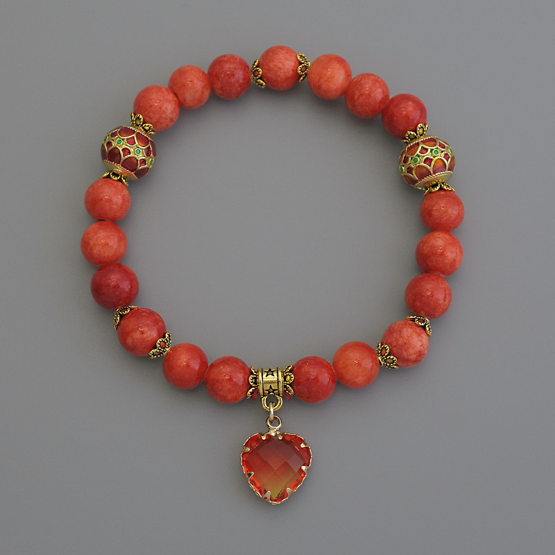 Orange Coral Bracelet (artificial) - smooth beads, 8 mm diameter +/- Cloisonné 10 mm +/- with metal inlays, 18 cm stretch