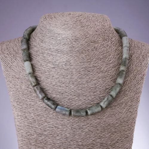 Labradorite Natural Stone Necklace, Cylindrical Beads, 8x16 mm Diameter, 46 cm