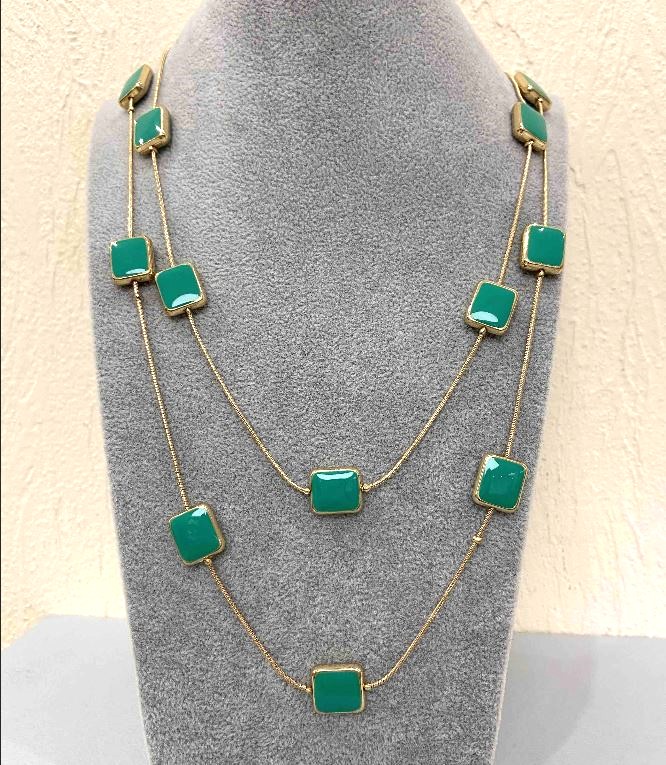 Cascade Necklace, two-row square-bead, length 80 cm, yellow metal