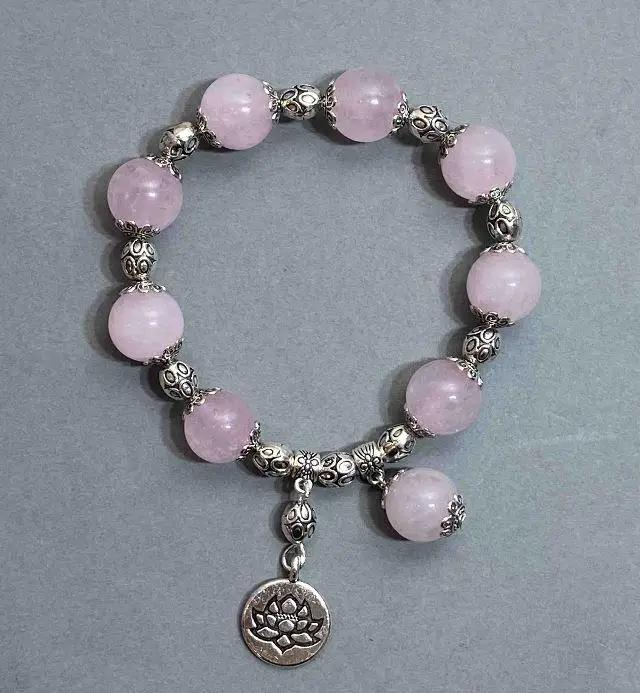 Bracelet Pink Quartz Beads, 12 mm Diameter, with Metal Inserts, 18 cm Length (Stretch)