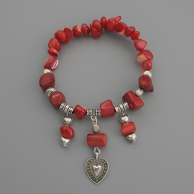 Pearl Bracelet with Faceted Beads, diameter 6×8 mm ±; Coral Cylinder 12×7 mm ±; Length 18 cm Stretch