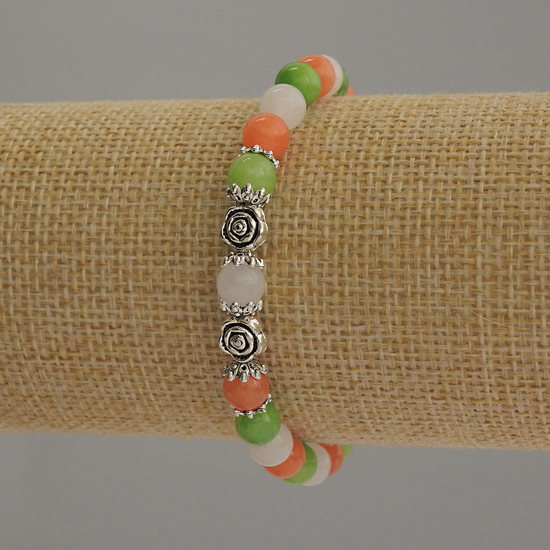 Bracelet Assorted Smooth Bead, 6mm diameter ±, with metal inserts, length 18cm stretch