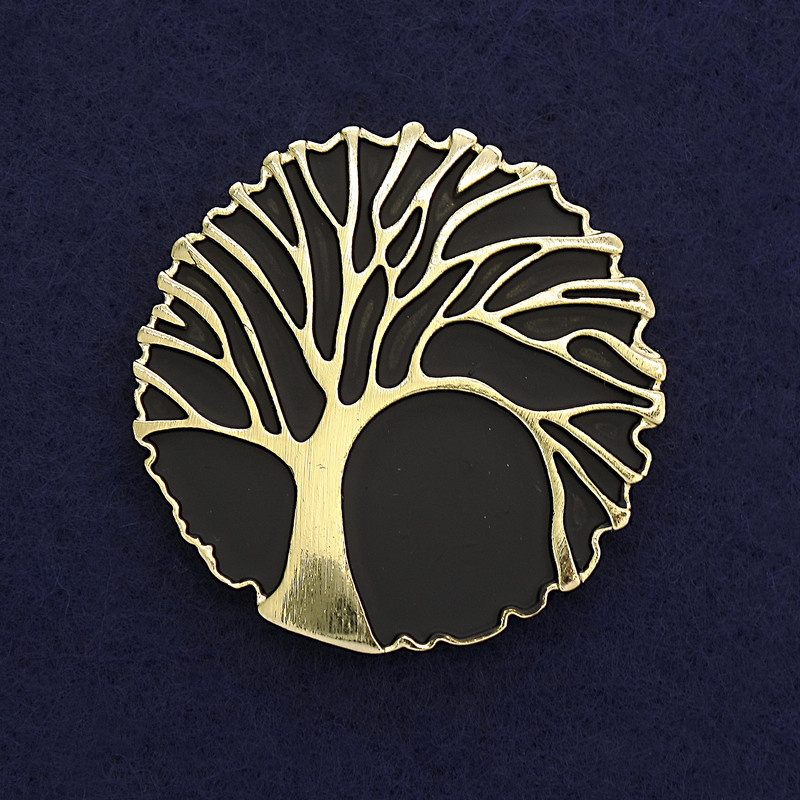 Brooch 'Tree' in black matte and gold-tone metal, diameter approx. 40 mm, magnetic backing