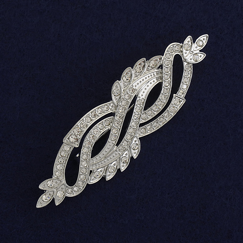 Brooch Accent with White Crystals, Silver Metal 85×26mm+