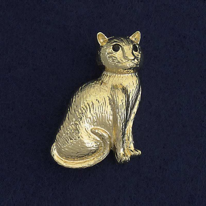 Cat brooch pendant with black rhinestones and gold-tone metal 45x25mm+