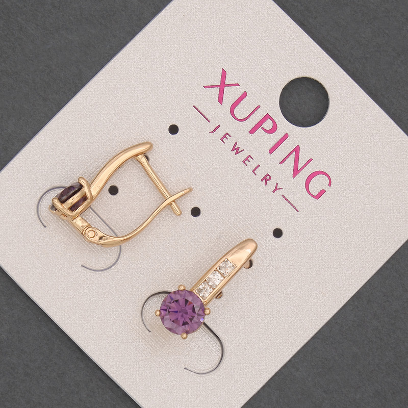 Xuping Earrings with White Crystals and a Purple Crystal, 6 mm diameter, 17 mm length, 18K Gold Plating