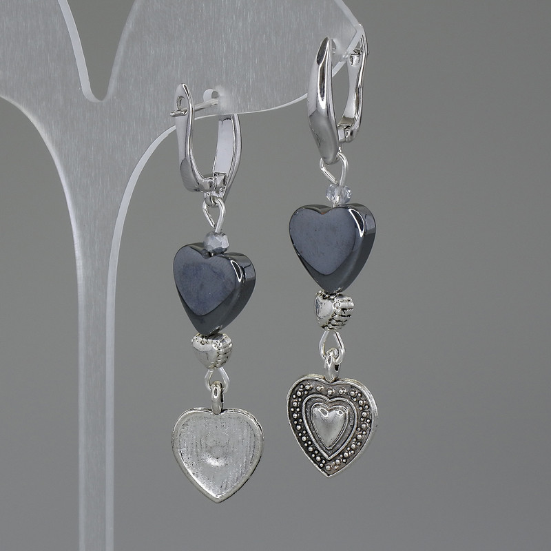 Hematite Heart Earrings, diameter 12 mm, length 55 mm