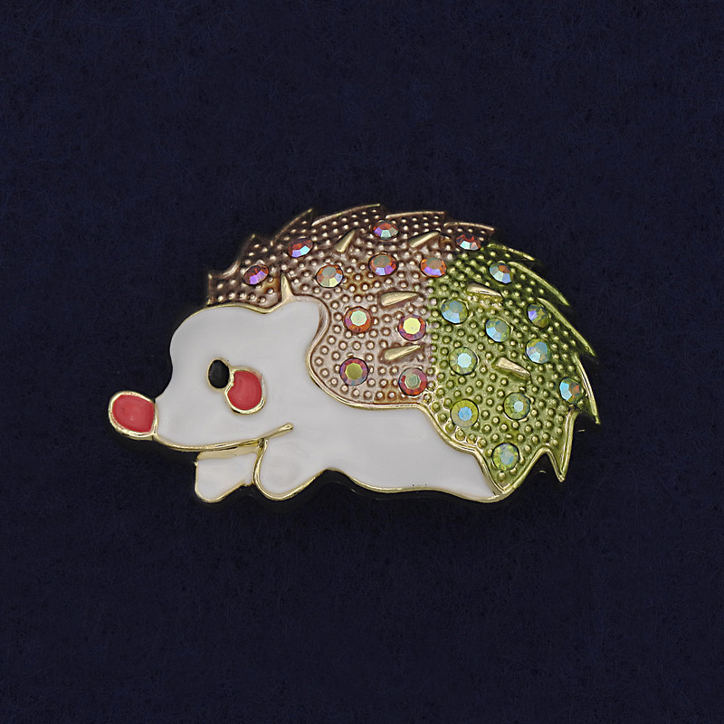 Hedgehog Brooch with Enamel and Crystals, Golden Metal Color, 39×29 mm+