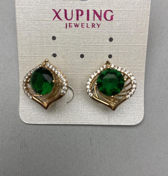 Xuping Earrings with White Crystals and Green Crystal, 17 mm Diameter ±, 17 mm Length ±, 18K Gold Plating