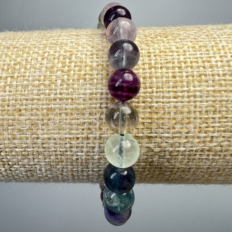 Fluorite Bracelet with natural stone, smooth beads, 8mm diameter, 18cm length (stretch)