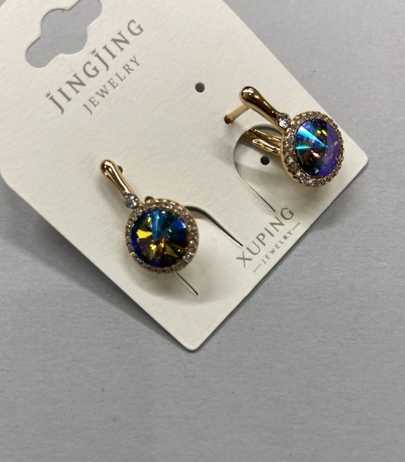 Xuping Earrings with 18K Gold Plating, Blue Stone and White Crystals, Diameter 11mm ±, Length 19mm ±