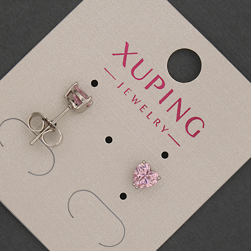 Xuping Heart-Shaped Stud Earrings with Pink Crystal, Diameter 5 mm ± Rhodium