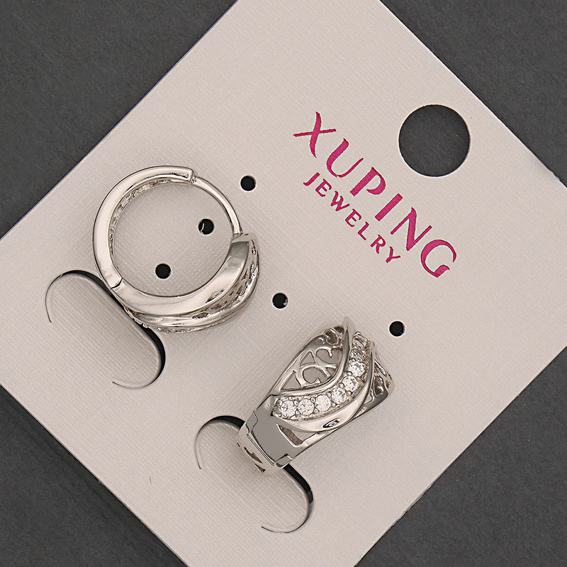 Xuping Earrings with White Crystals, 9×16 mm, Rhodium-Plated