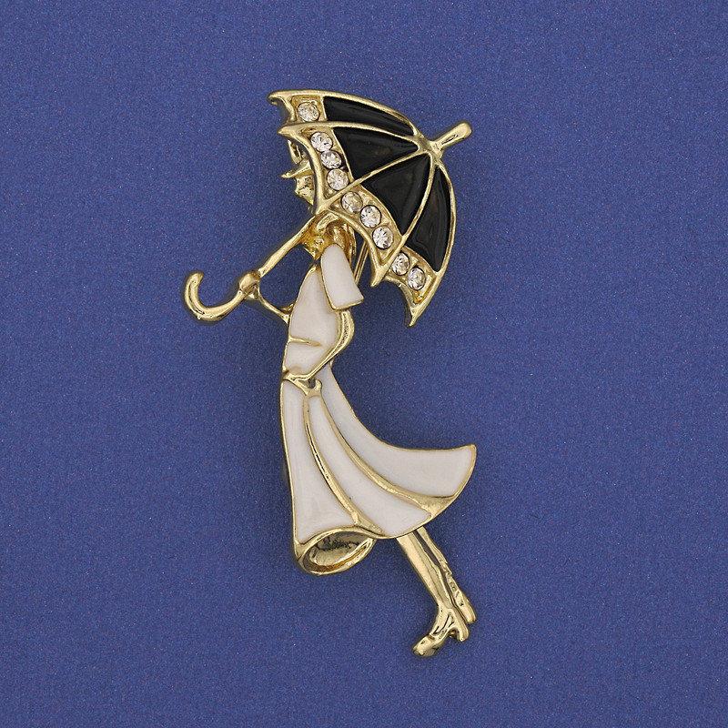 Brooch pendant 'Girl with an Umbrella', white crystals, gold-tone metal, 48x24 mm+