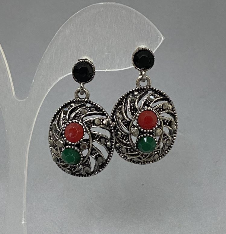 Stud Earrings 'Miroslava' with green, black and red crystals and white rhinestones, diameter 20 mm ±, length 33 mm ±