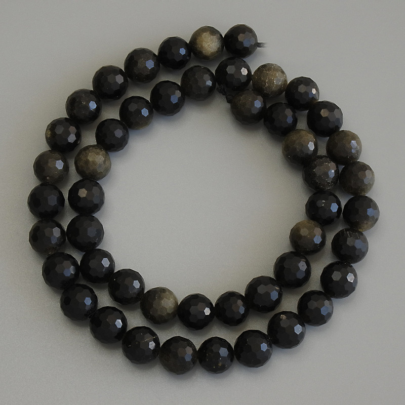 Sun Obsidian Beads on a Thread, Natural Stone, Faceted Round Bead, Diameter 8mm ±, Length 38cm ±