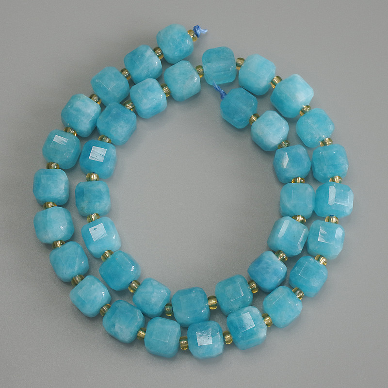 Aquamarine faceted cube beads, 8x8 mm diameter ± with 3 mm seed beads, length 37 cm ± on thread