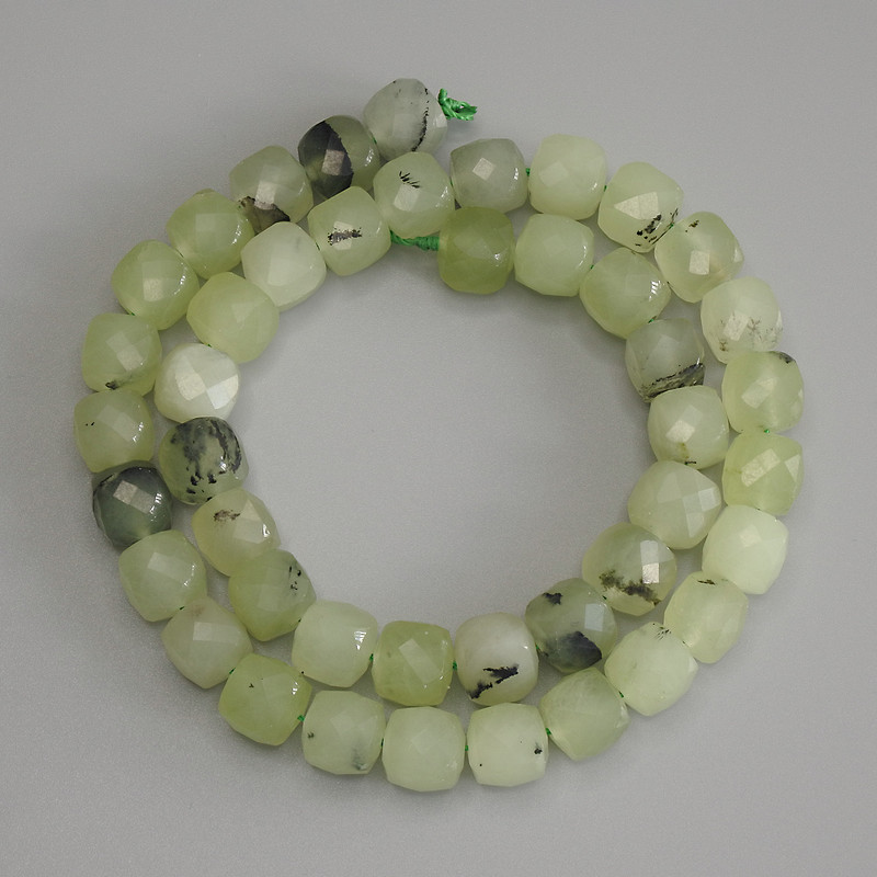 Prehnite Beads — Faceted Cubes 9x9 mm, on Thread, 37 cm Long