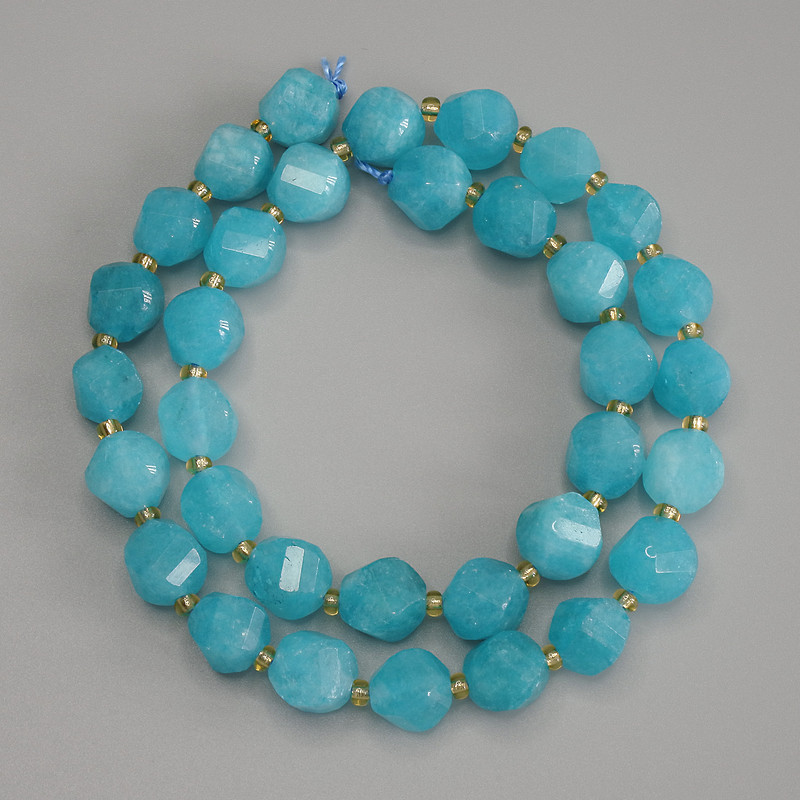 Faceted aquamarine beads, diamond-shaped, 10×9 mm ± with 3 mm seed beads ±, length about 39 cm ± on thread