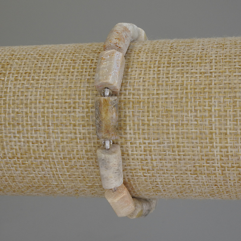 Fossilized Coral Bracelet with Faceted Cut, 12x7 mm, 3 mm Beads, 18 cm Length, Stretch